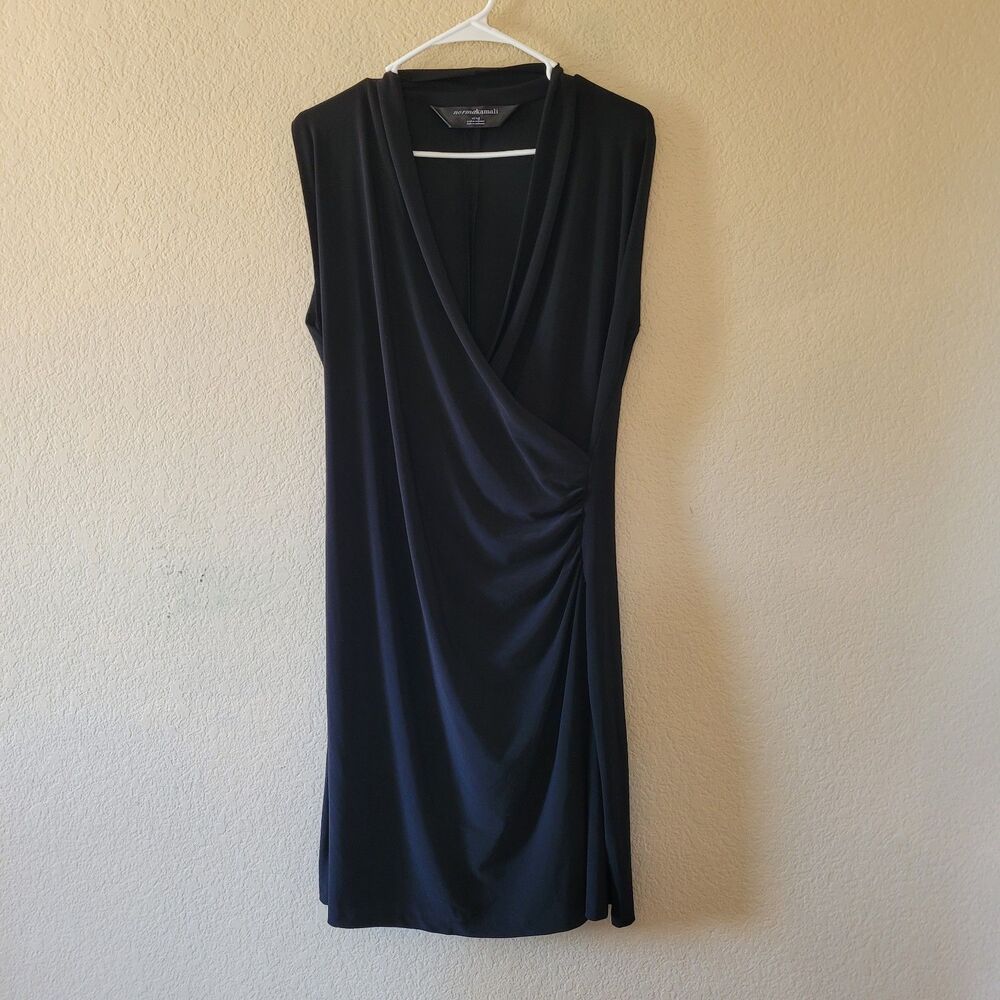 Norma Kamali Black Dress Size Xl Sleeveless Ruched Faux Wrap Stretch Timeless